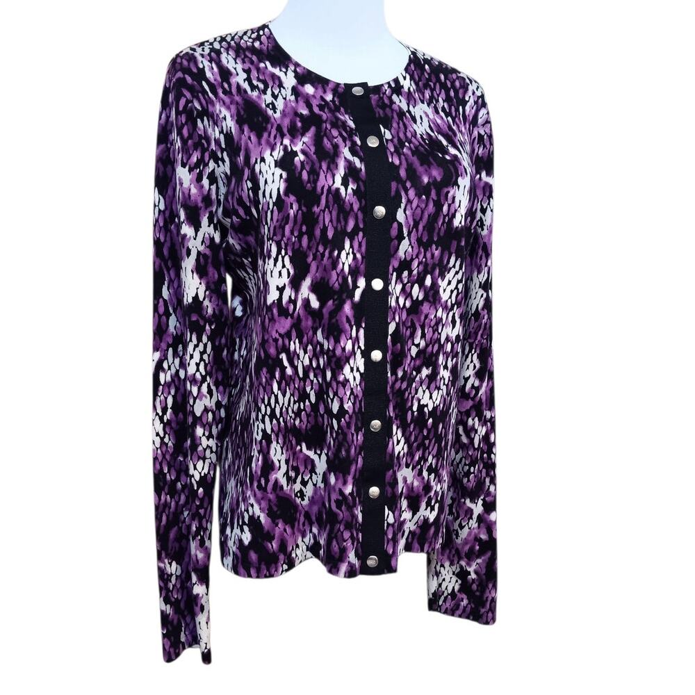 ANNE KLEIN Cardigan Sweater L Purple Snake Print Python Snaps Soft Career Office